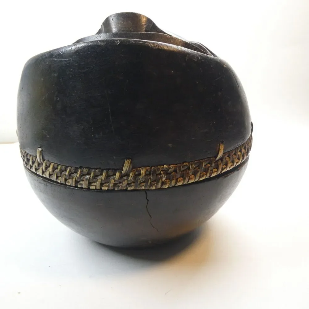 Hand Carved Wooden Face Bowl Mask Lid Vintage MCM Tribal Open Mouth